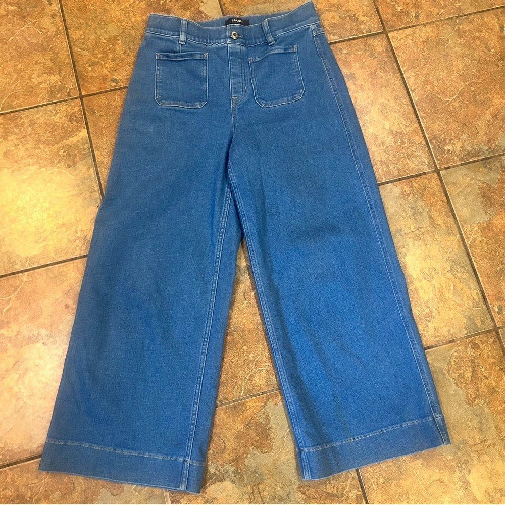 SPANX High Waisted Pull On Wide Leg Dark Wash Blue Jeans Boho Coquette Med